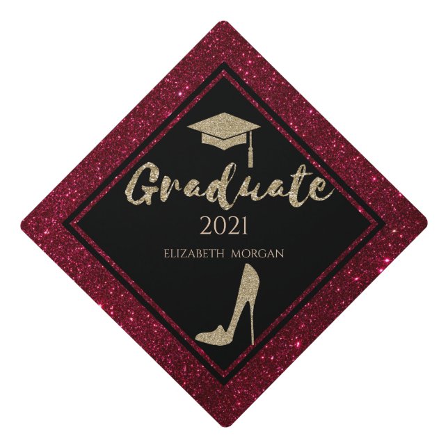 Elegant Gold Glitter High Heels,Red Graduation Cap Topper (Front)