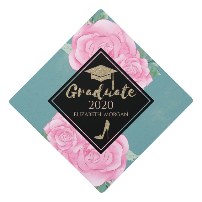 Elegant Gold Glitter High Heels,Roses Graduate Cap (Front)