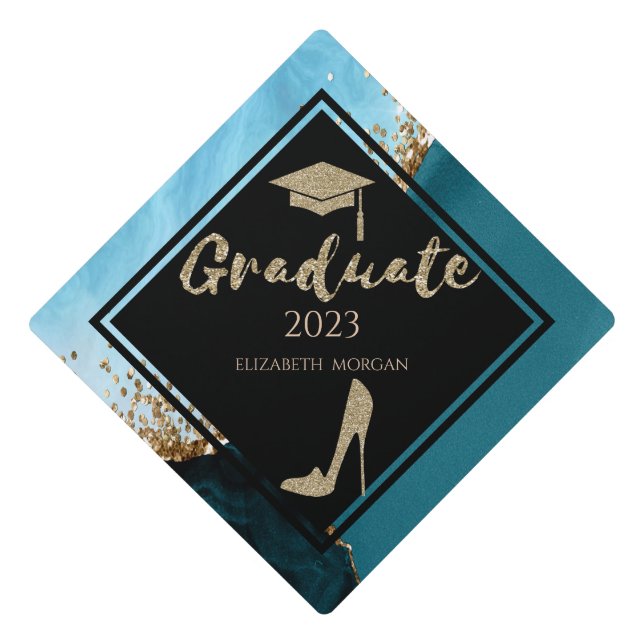Elegant Gold Glitter High Heels,Turquoise Marble Graduation Cap Topper (Front)