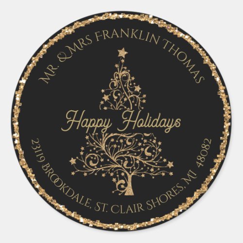 Elegant Gold Glitter Holiday Return Address  Class Classic Round Sticker