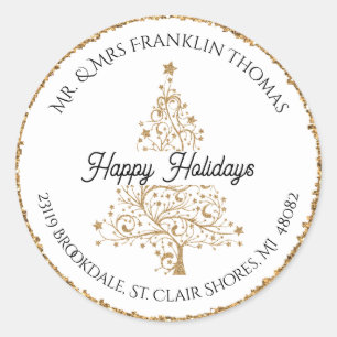 Elegant Gold Glitter Holiday Return Address Classic Round Sticker