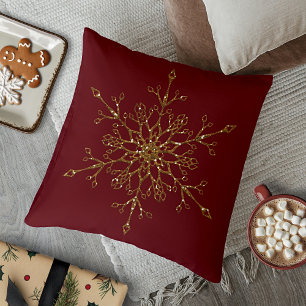 Elegant Gold Glitter Holiday Snowflake Dark Red Throw Pillow