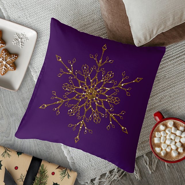 Elegant Gold Glitter Holiday Snowflake Purple Throw Pillow (Elegant Gold Glitter Holiday Snowflake Purple Throw Pillow)