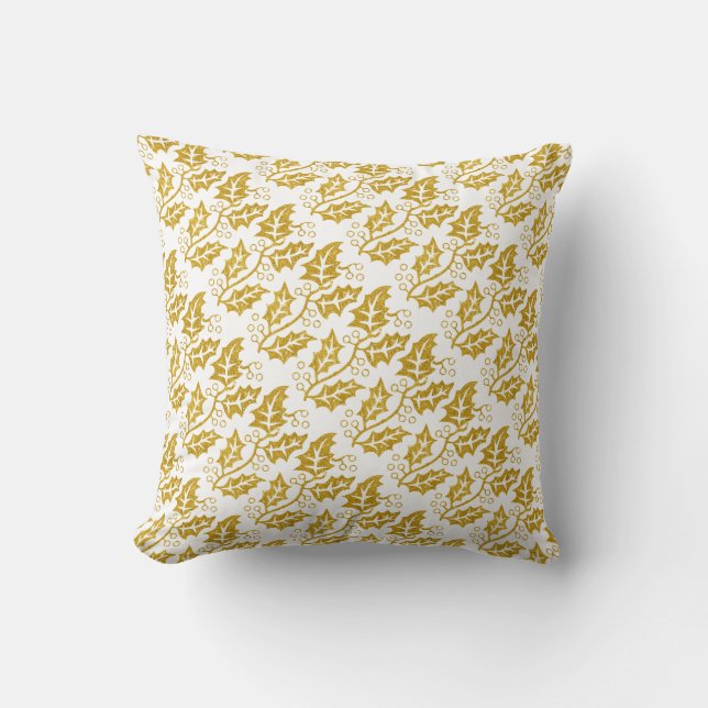 Elegant gold glitter holly berry Christmas Throw Pillow (Front)