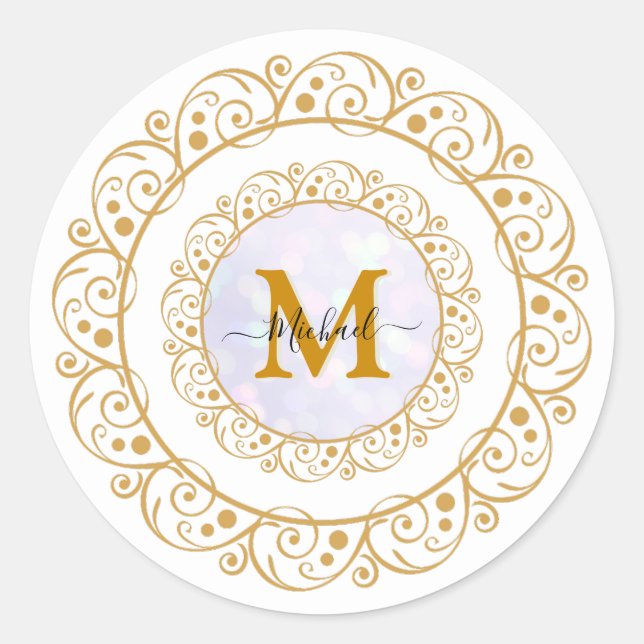 Elegant Gold Glitter Initial & Name Classic Round Sticker (Front)