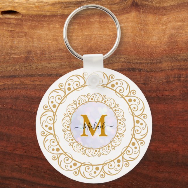 Elegant Gold Glitter Initial & Name Keychain (Front)