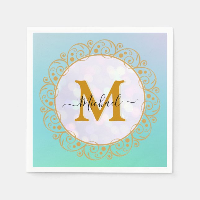 Elegant Gold Glitter Initial & Name Napkins (Front)