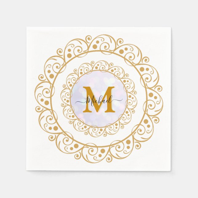 Elegant Gold Glitter Initial & Name Napkins (Front)