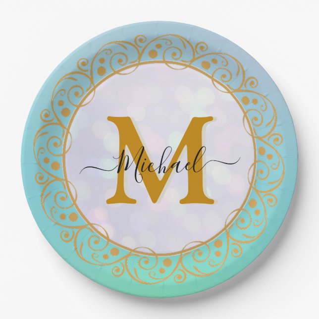 Elegant Gold Glitter Initial & Name Paper Plates (Front)