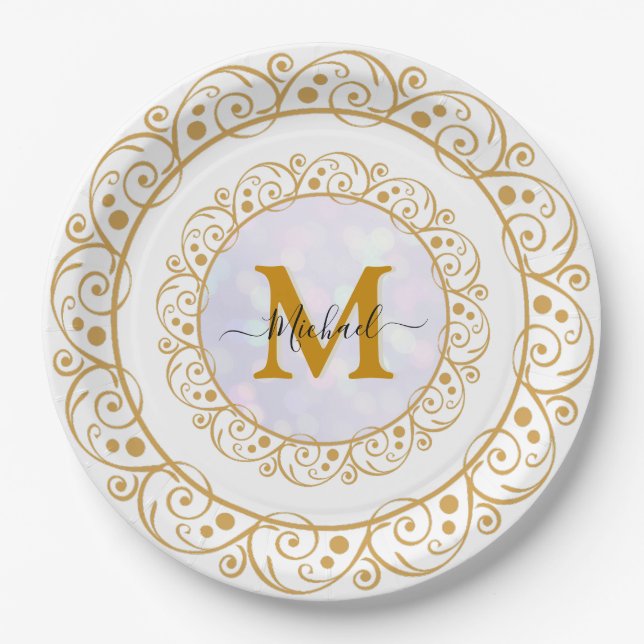 Elegant Gold Glitter Initial & Name Paper Plates (Front)