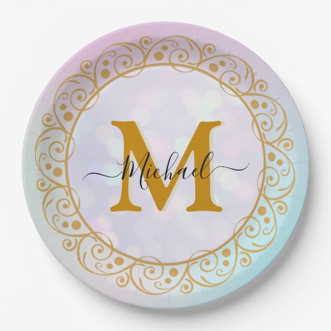 Elegant Gold Glitter Initial & Name Paper Plates (Front)