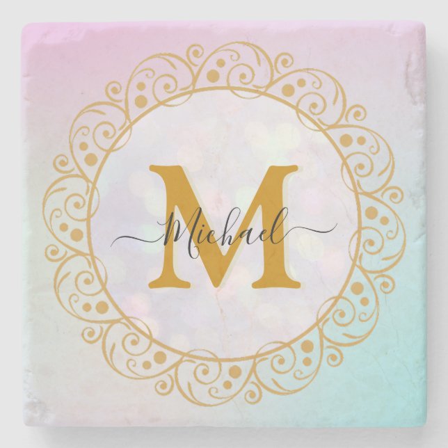 Elegant Gold Glitter Initial & Name Stone Coaster (Front)
