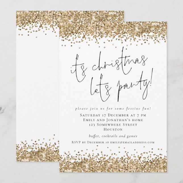 Elegant Gold Glitter Its Christmas Lets Party Invitation (Front/Back)
