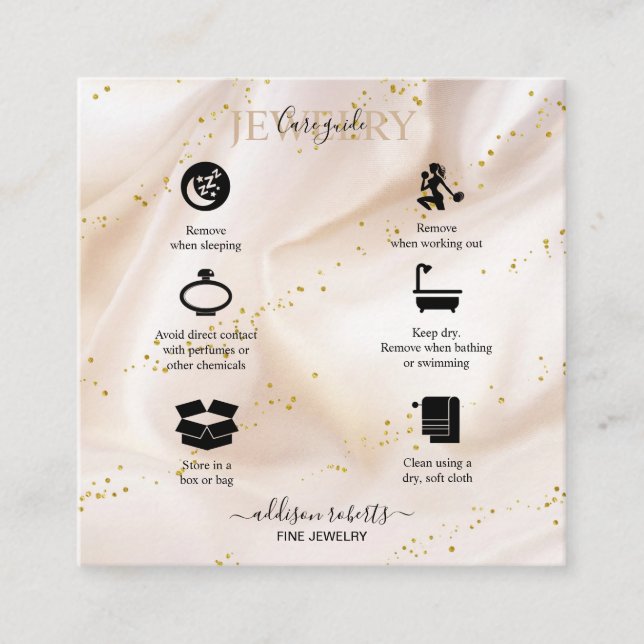Elegant Gold Glitter Jewelry Care Square Business Card (Front)
