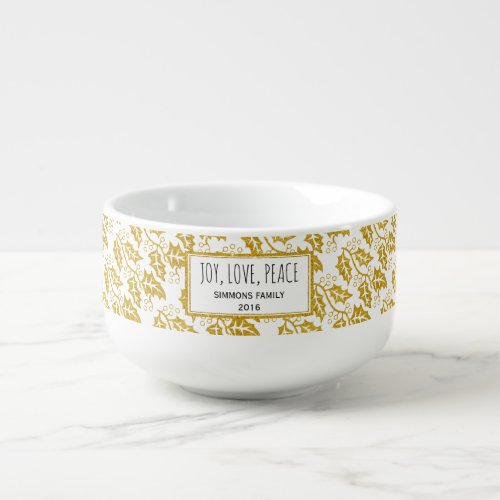 Elegant gold glitter Joy Love Peace Christmas Soup Mug