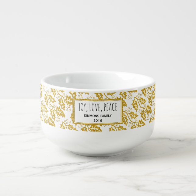 Elegant gold glitter Joy, Love, Peace Christmas Soup Mug (Front)
