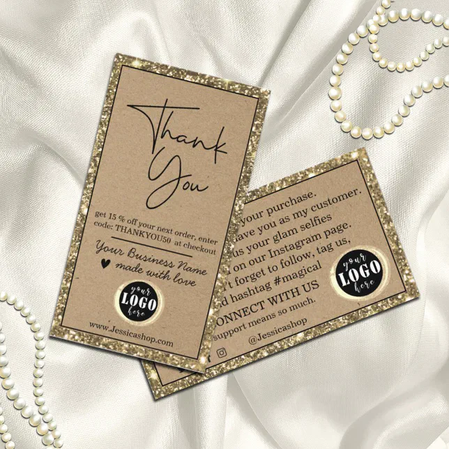 Elegant Gold Glitter Kraft Paper Thank you Business Card | Zazzle