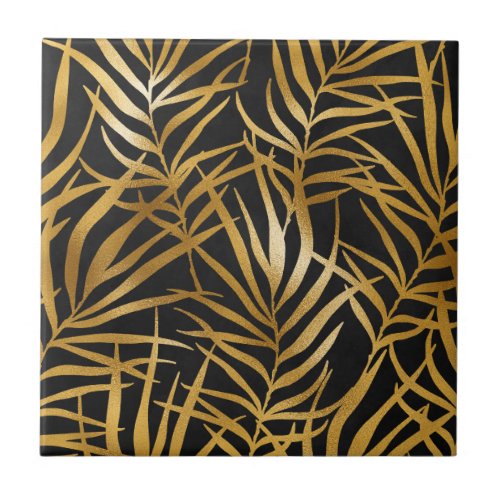 Elegant Gold Glitter Leaves Nature Pattern Ceramic Tile