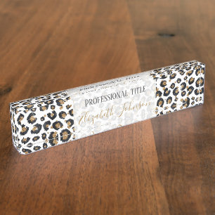 Elegant Gold Glitter Leopard Pattern Desk Name Plate