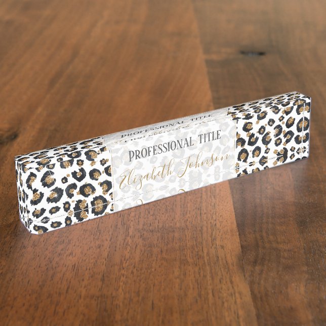 Elegant Gold Glitter Leopard Pattern Desk Name Plate (Side)