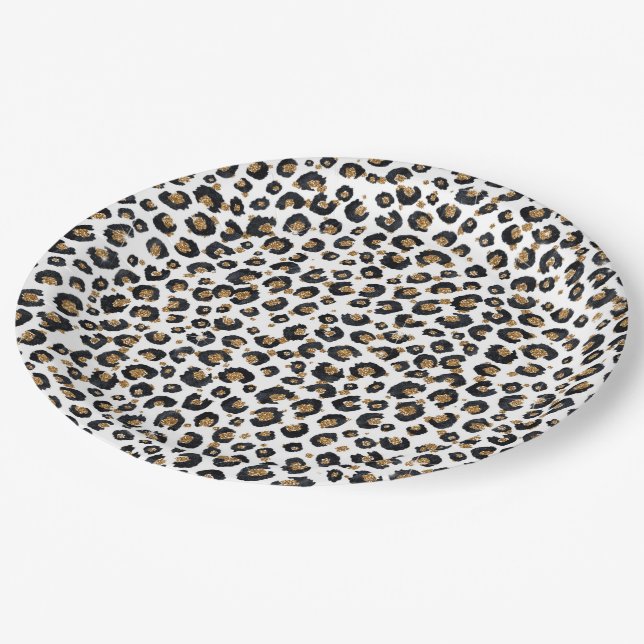 Elegant Gold Glitter Leopard Pattern Paper Plates (Angled)