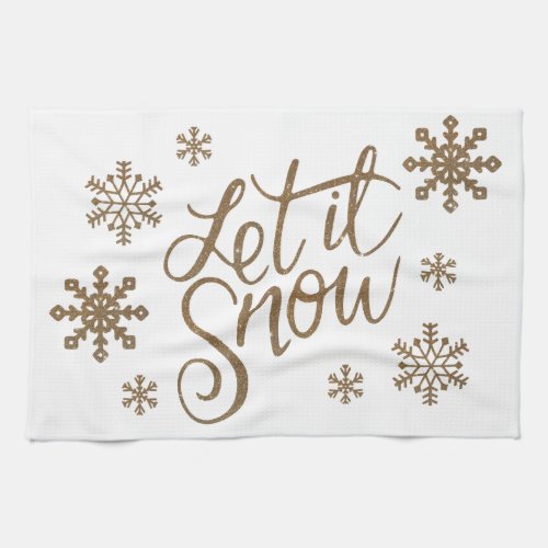 Elegant gold glitter let it snow text snowflakes kitchen towel