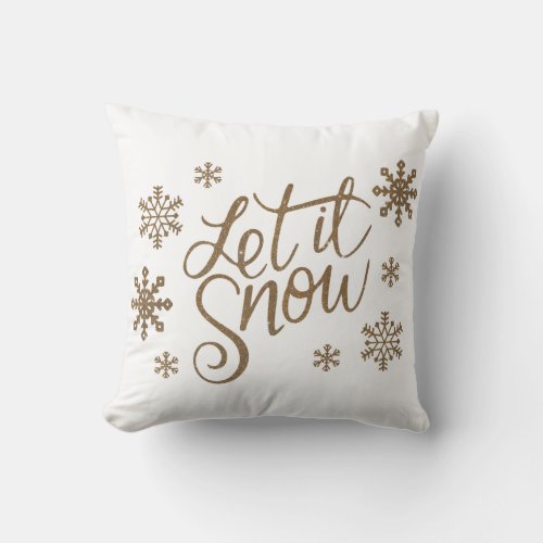 Elegant gold glitter let it snow text snowflakes throw pillow