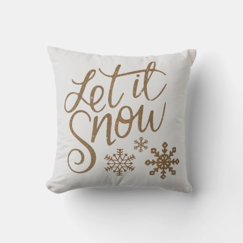 Elegant Gold Glitter Let It Snow Winter Snowflakes Throw Pillow