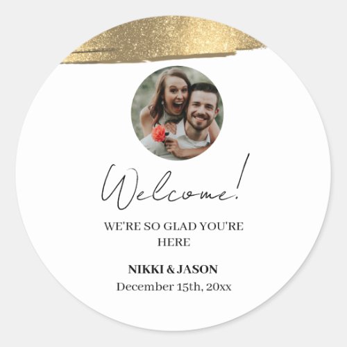 Elegant Gold Glitter Line Custom Welcome Add Photo Classic Round Sticker