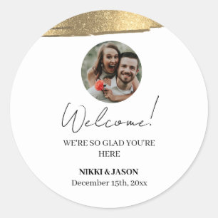 Elegant Gold Glitter Line Custom Welcome Add Photo Classic Round Sticker
