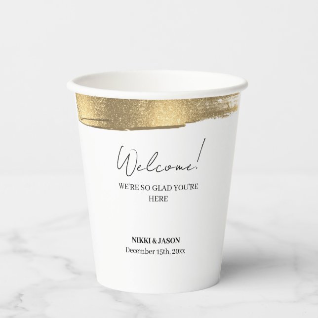 Elegant Gold Glitter Line Minimal Wedding Welcome  Paper Cups (Front)