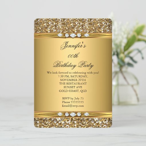 Elegant Gold Glitter Look Diamond Birthday Party Invitation | Zazzle