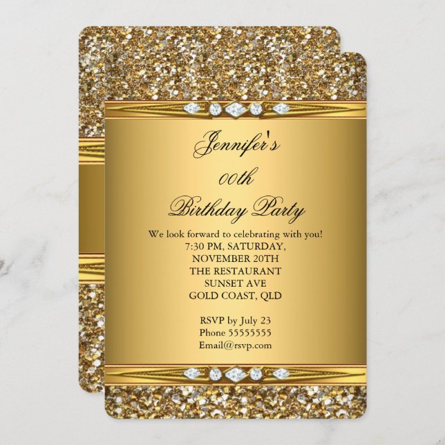 Elegant Gold Glitter Look Diamond Birthday Party Invitation (Front/Back)