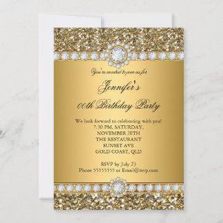 Elegant Gold Glitter Look Diamond Trim Birthday Invitation