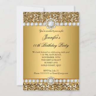 Elegant Gold Glitter Look Diamond Trim Birthday Invitation