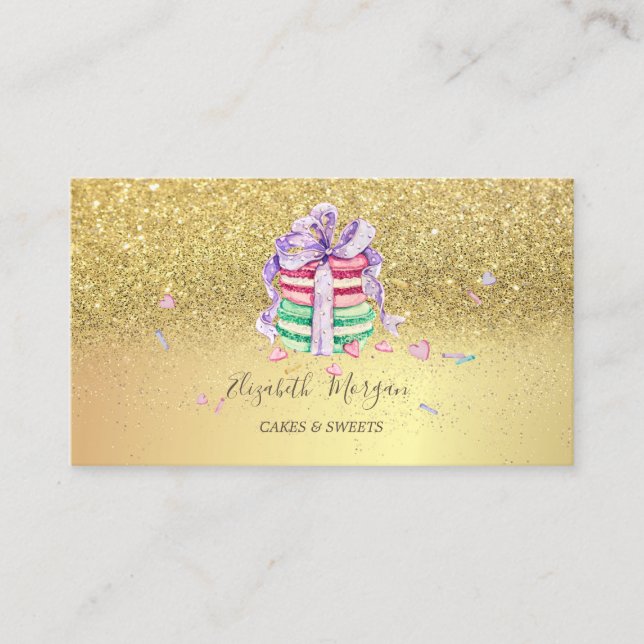 Elegant Gold Glitter Macarons Business Card (Front)