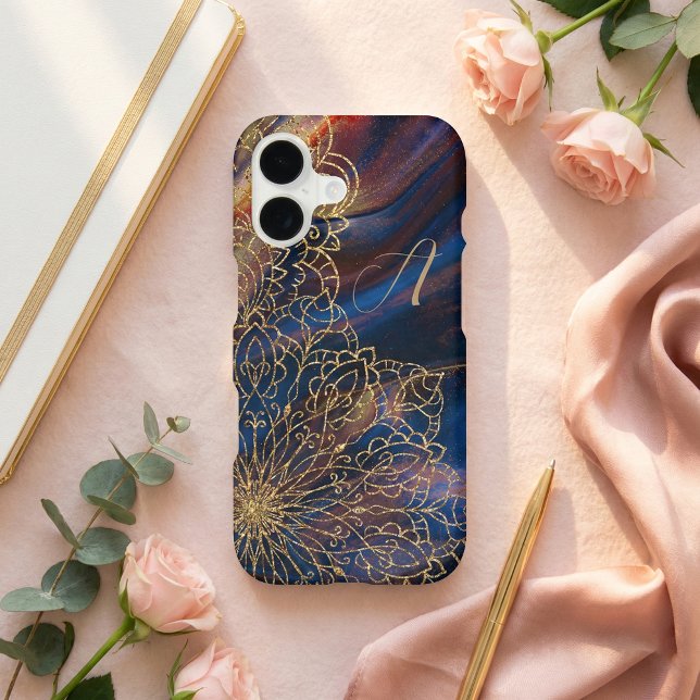 Elegant Gold Glitter Mandala Navy Blue Marble iPhone Case (Creator Uploaded)
