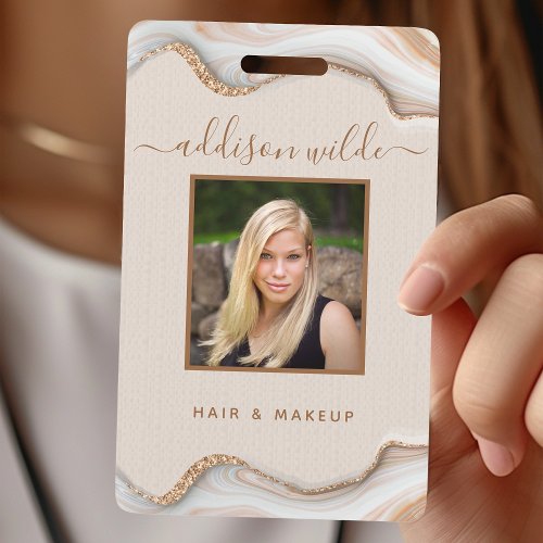 Elegant Gold Glitter Marble Agate Salon Id Badge