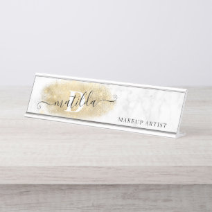 Elegant gold glitter marble makeup artist desk name plate