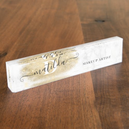 Elegant gold glitter marble makeup artist  desk name plate