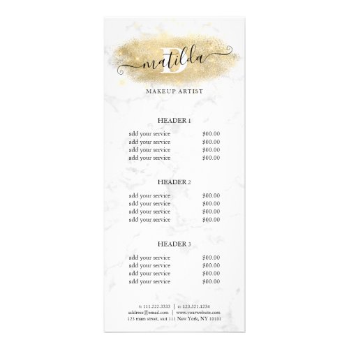 Elegant gold glitter marble makeup artist  rack card