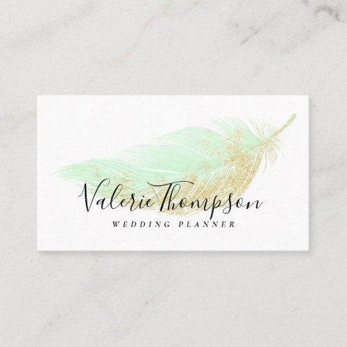 Elegant gold glitter mint green feather modern business card