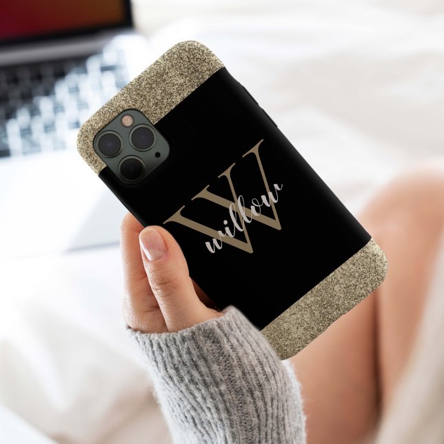 Elegant Gold Glitter Monogram Case-Mate iPhone Case (Monogram elegant gold glitter top and bottom to add some sparkle with a black background. )