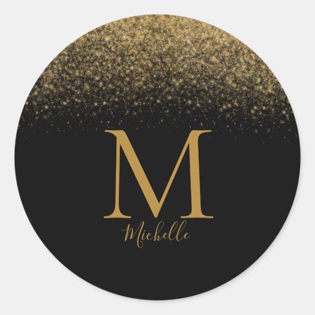 Elegant Gold Glitter Monogram Name  Classic Round Sticker (Front)