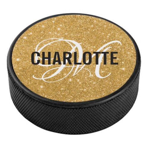 Elegant gold glitter monogram name  hockey puck