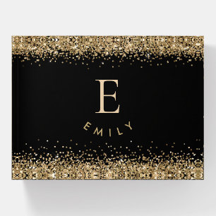 Elegant Gold Glitter Monogram Name Initial Black Paperweight