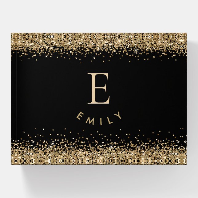 Elegant Gold Glitter Monogram Name Initial Black Paperweight (Front)