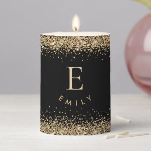 Elegant Gold Glitter Monogram Name Initial Black Pillar Candle