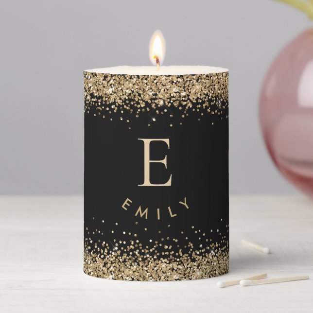 Elegant Gold Glitter Monogram Name Initial Black Pillar Candle (In Situ)