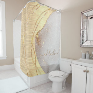 Elegant Gold Glitter Monogram Name Script Metallic Shower Curtain
